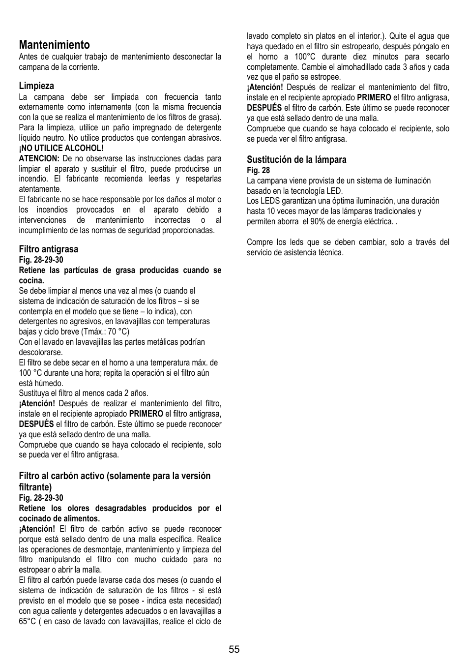 Mantenimiento, Limpieza, Filtro antigrasa | Sustitución de la lámpara | ELICA ALTAIR User Manual | Page 55 / 168