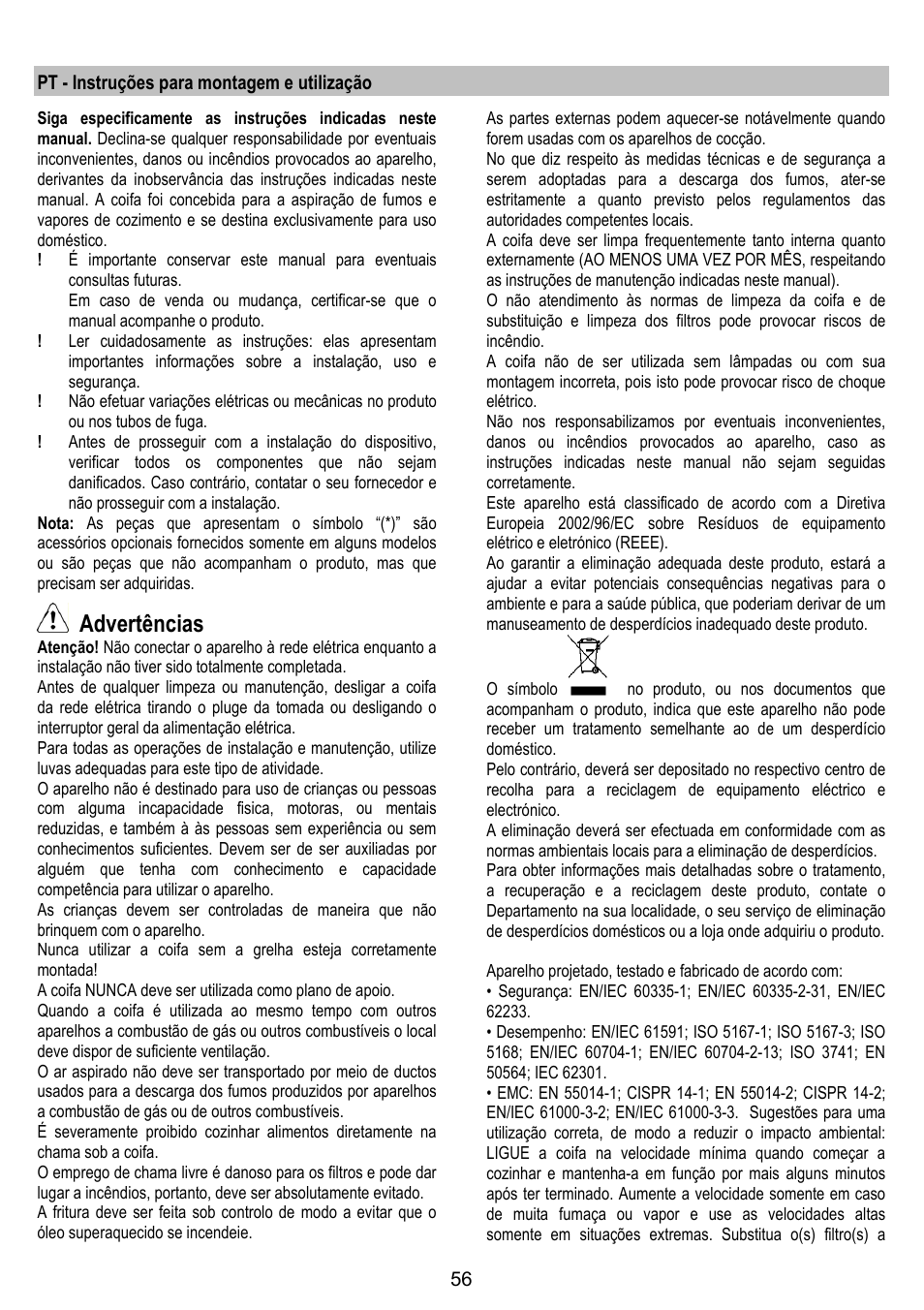 Advertências | ELICA ALTAIR User Manual | Page 56 / 168