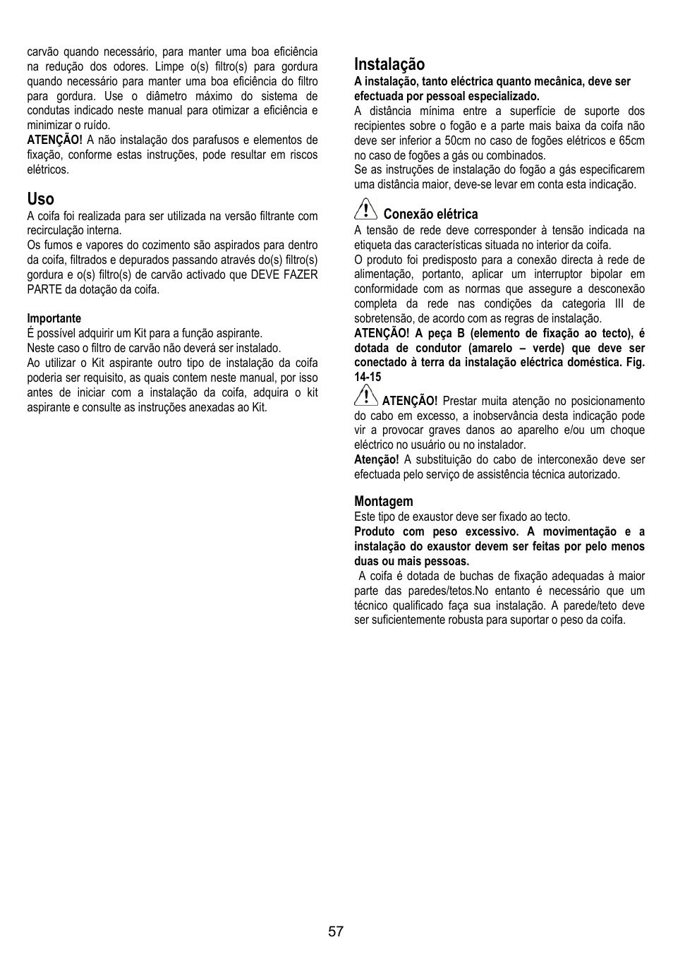 Instalação, Conexão elétrica, Montagem | ELICA ALTAIR User Manual | Page 57 / 168