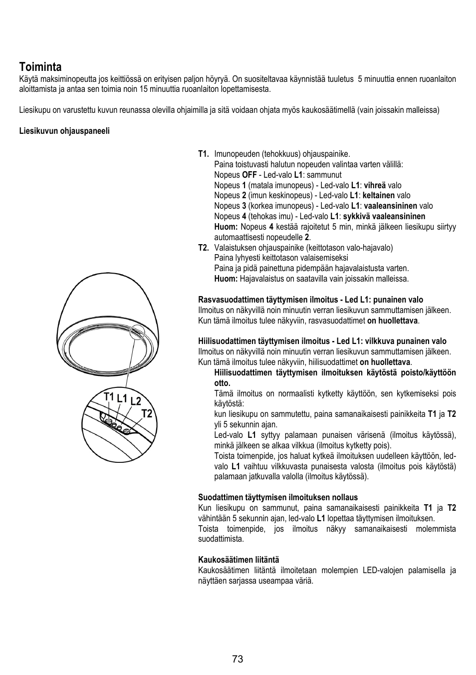 Toiminta | ELICA ALTAIR User Manual | Page 73 / 168