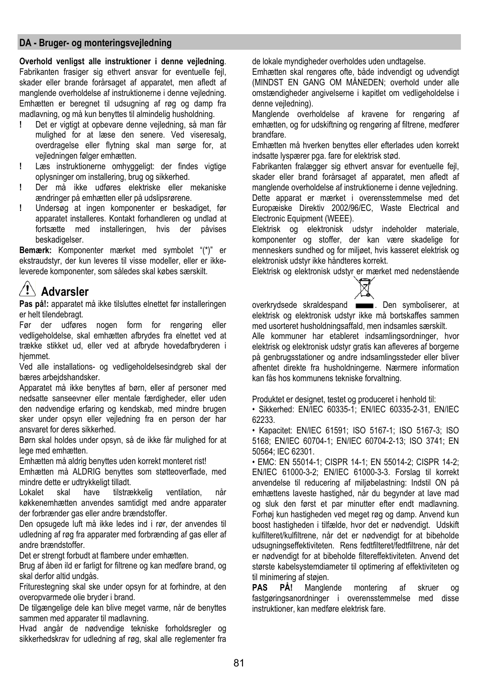 Advarsler | ELICA ALTAIR User Manual | Page 81 / 168
