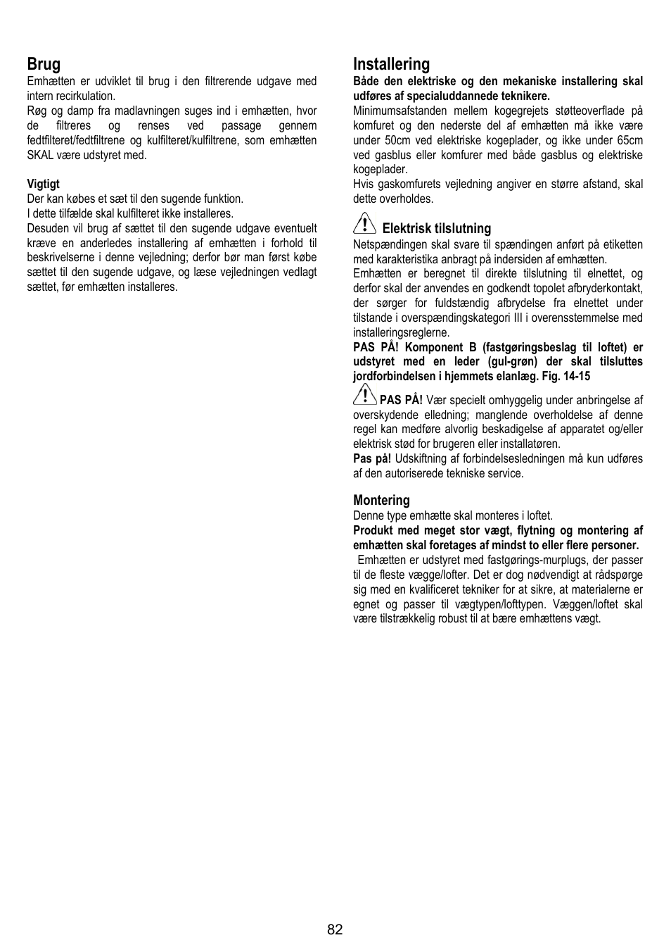 Brug, Installering, Elektrisk tilslutning | Montering | ELICA ALTAIR User Manual | Page 82 / 168