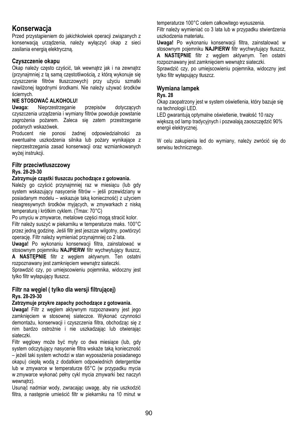 Konserwacja, Czyszczenie okapu, Filtr przeciwtłuszczowy | Filtr na węgiel ( tylko dla wersji filtrującej), Wymiana lampek | ELICA ALTAIR User Manual | Page 90 / 168