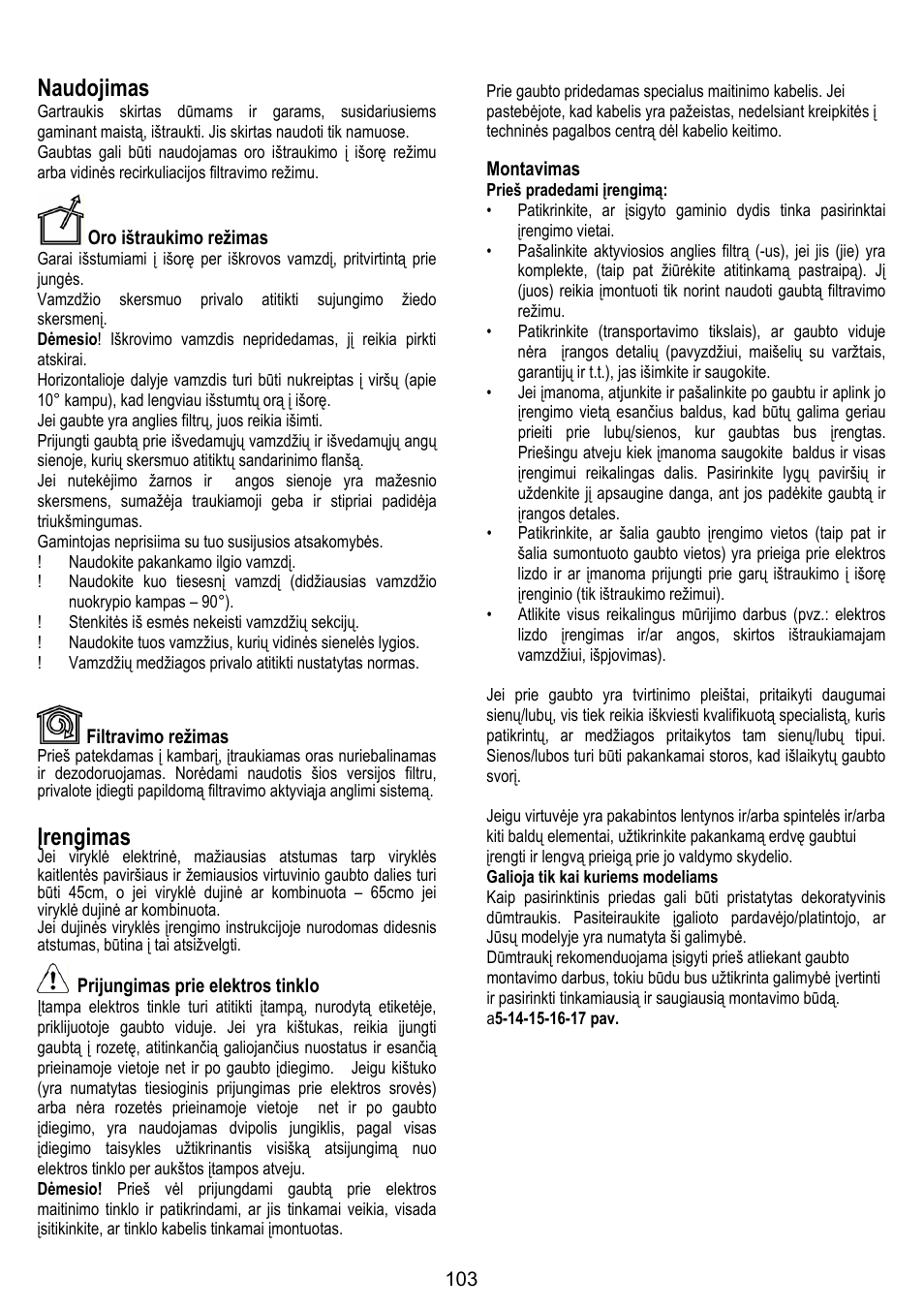 Naudojimas, Įrengimas | ELICA BELT User Manual | Page 103 / 132