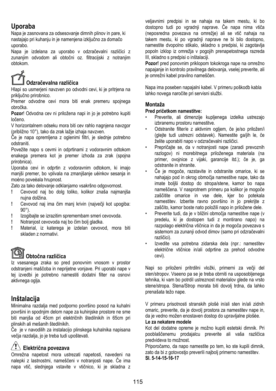 Uporaba, Inštalacija | ELICA BELT User Manual | Page 115 / 132