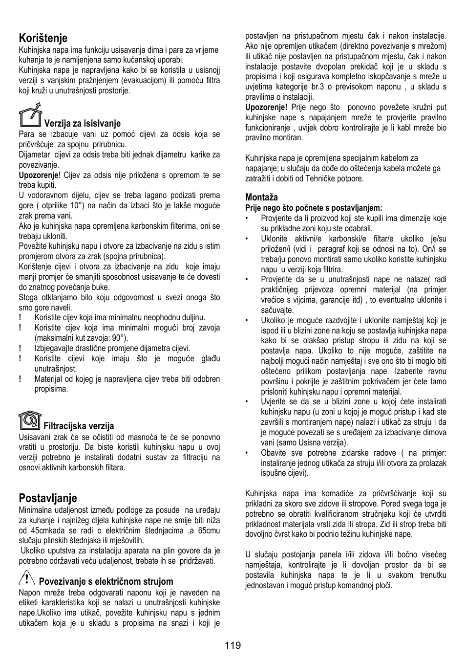 Korištenje, Postavljanje | ELICA BELT User Manual | Page 119 / 132