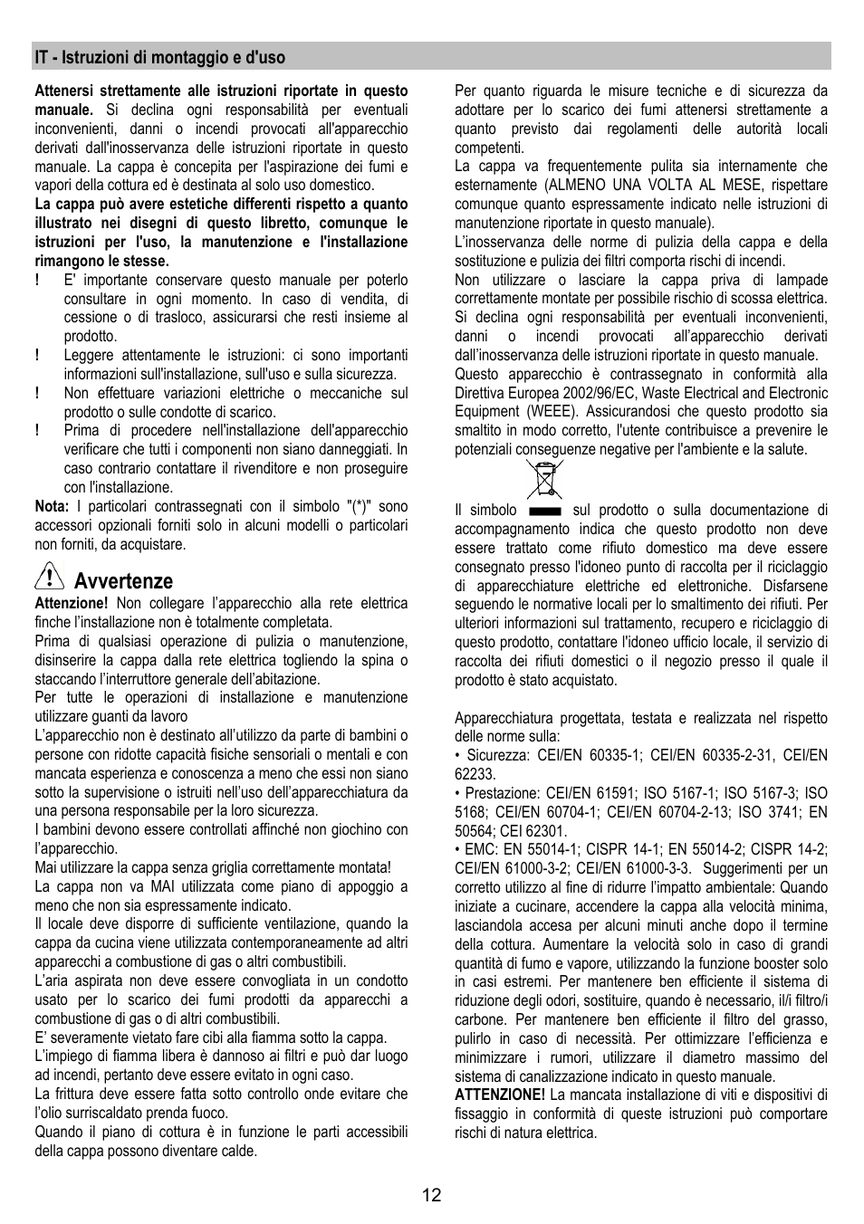 Avvertenze, It - istruzioni di montaggio e d'uso | ELICA BELT User Manual | Page 12 / 132