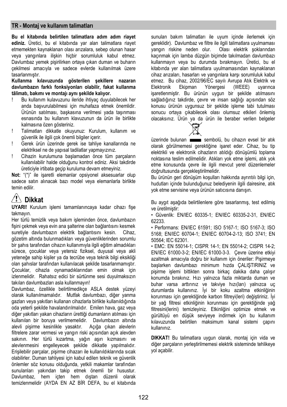 Dikkat | ELICA BELT User Manual | Page 122 / 132