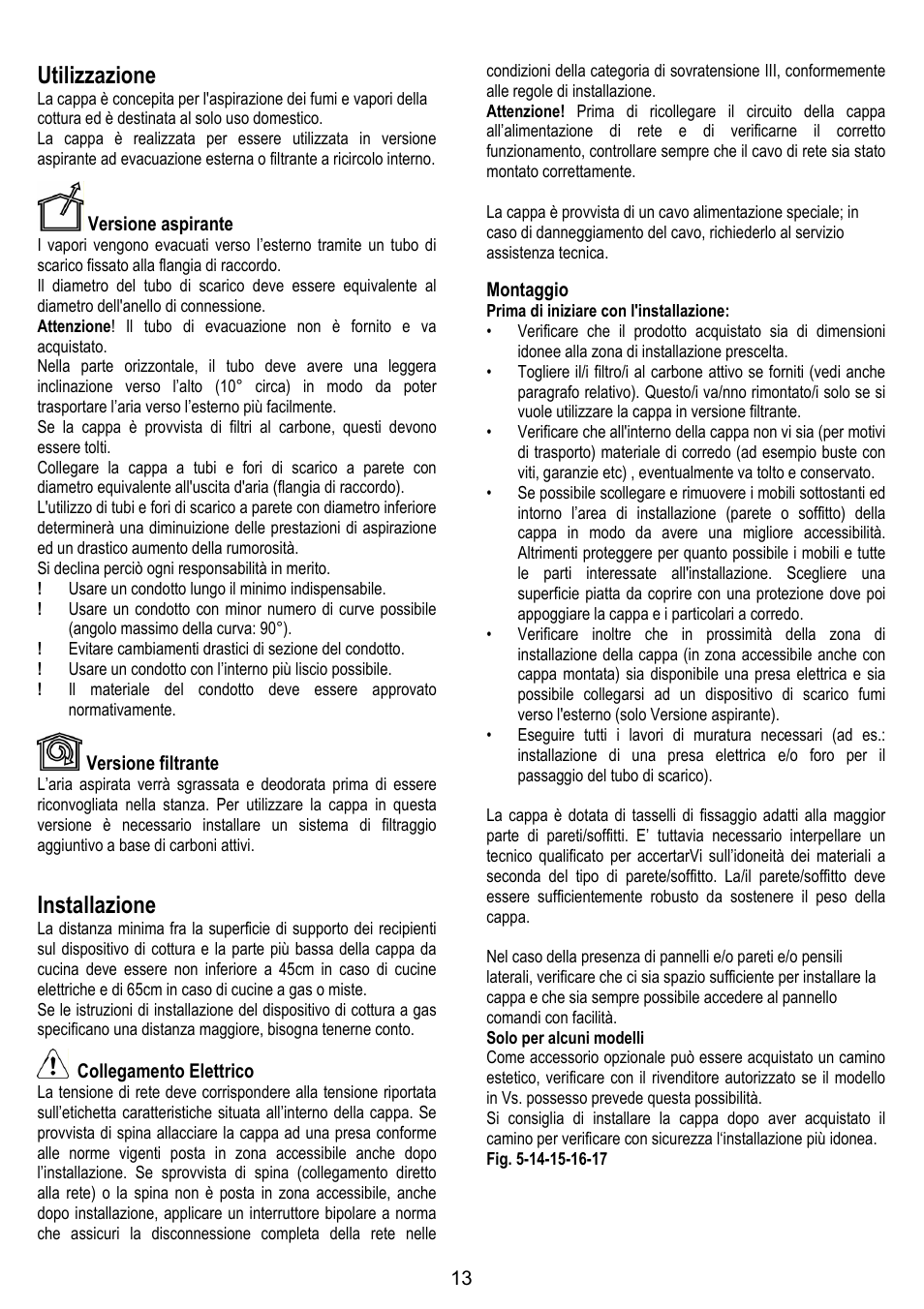 Utilizzazione, Installazione | ELICA BELT User Manual | Page 13 / 132