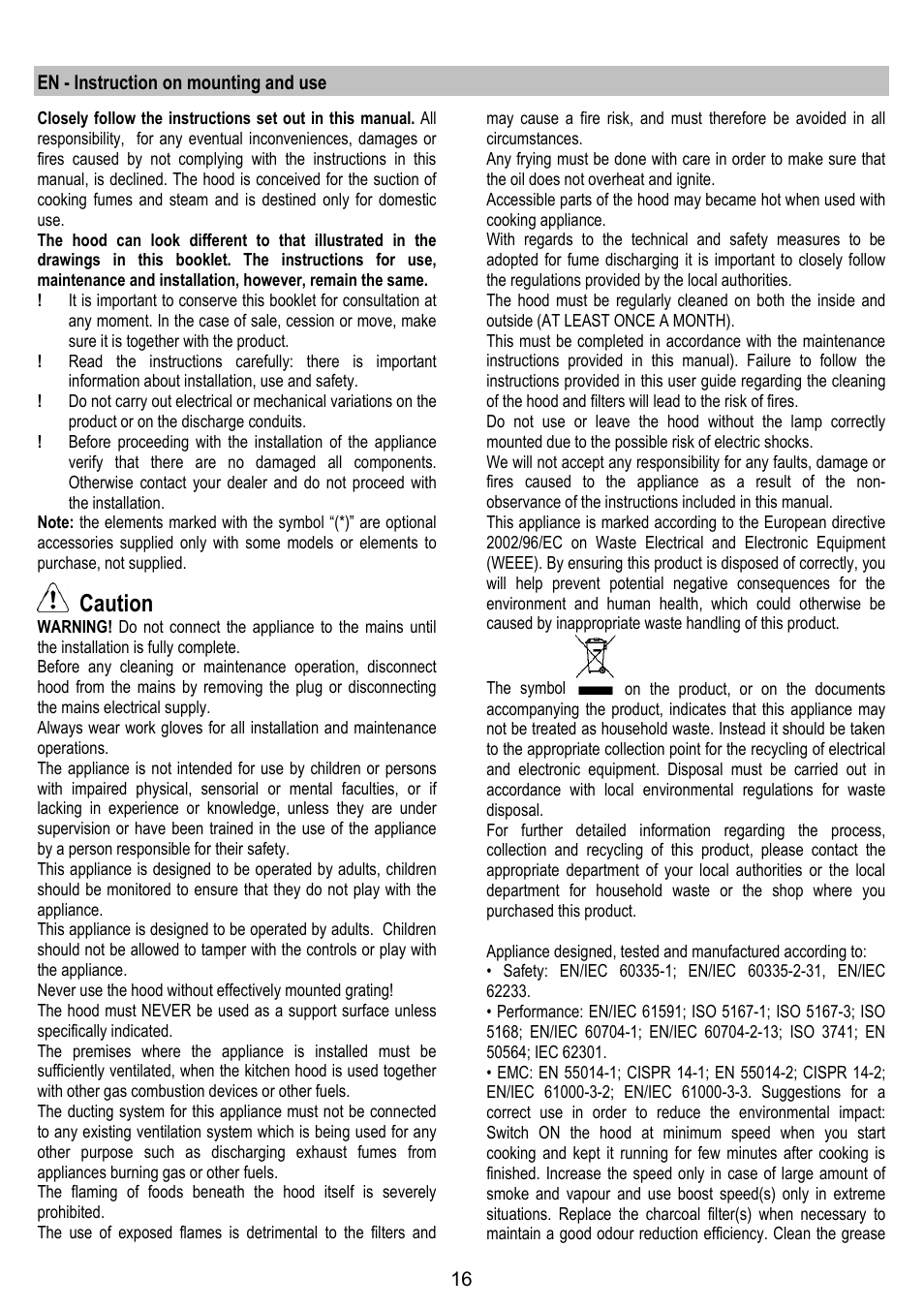 Caution | ELICA BELT User Manual | Page 16 / 132