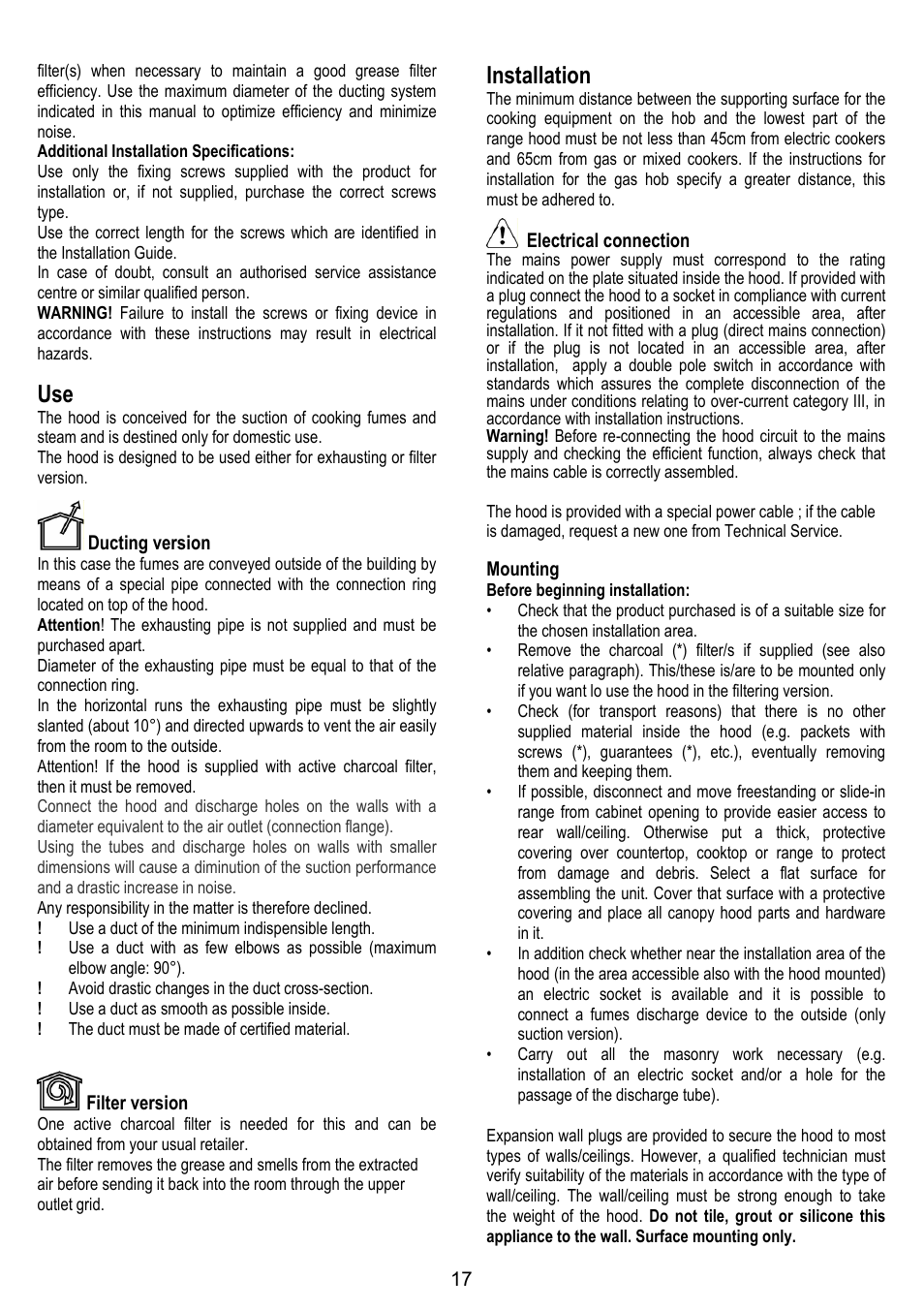 Installation | ELICA BELT User Manual | Page 17 / 132