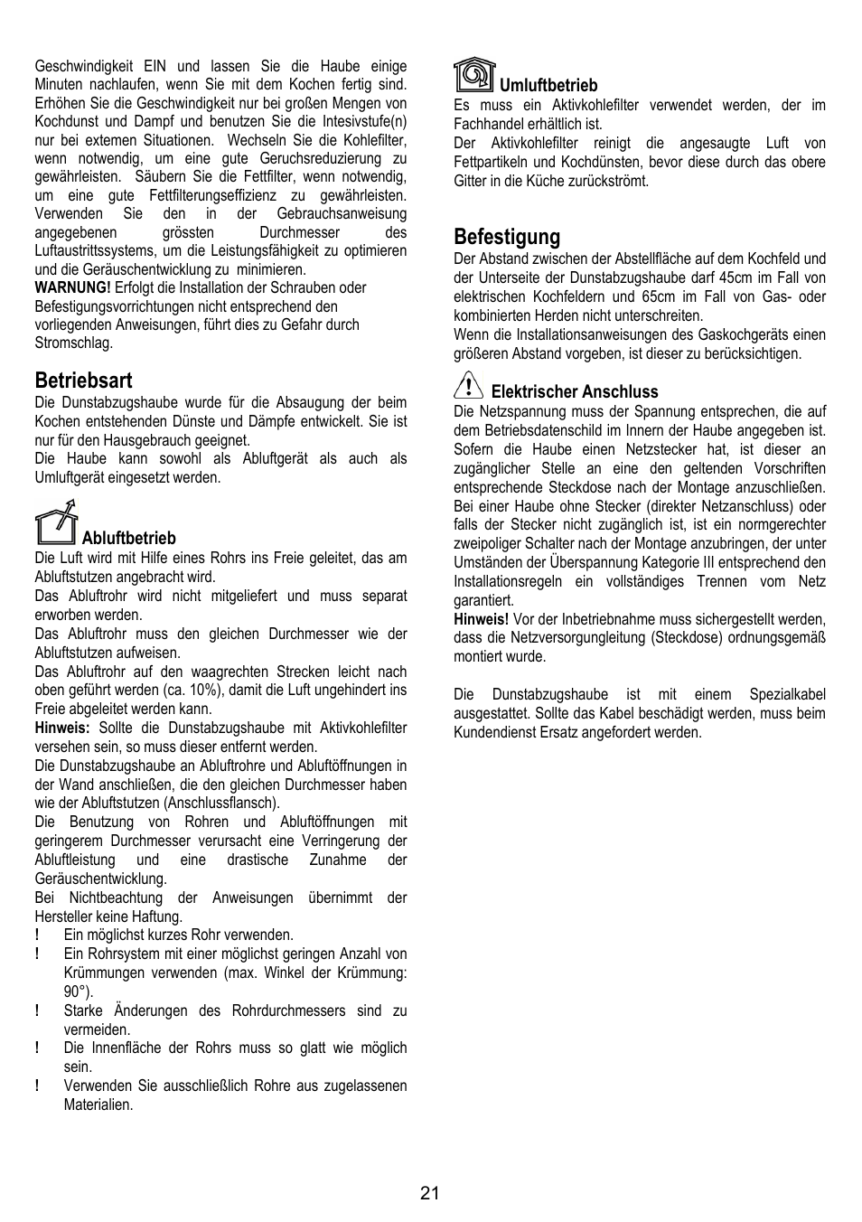 Betriebsart, Befestigung | ELICA BELT User Manual | Page 21 / 132