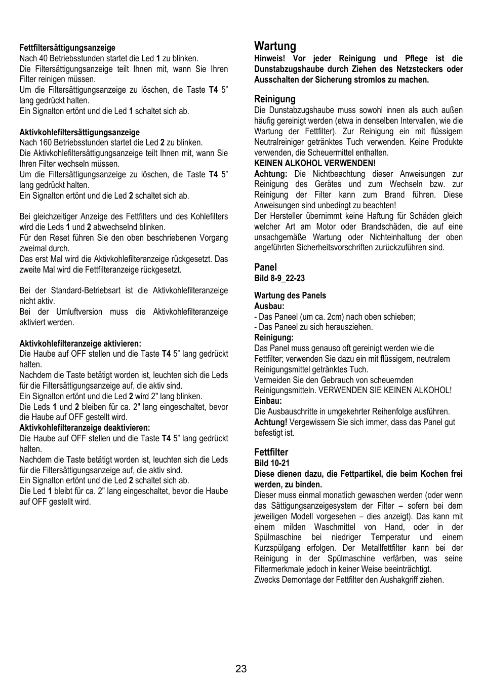 Wartung, Reinigung, Panel | Fettfilter | ELICA BELT User Manual | Page 23 / 132