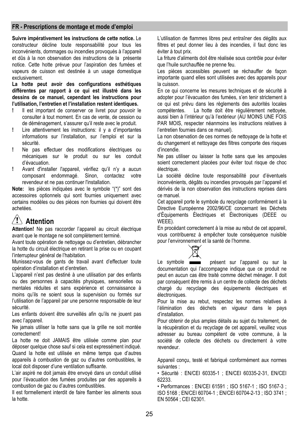 Attention | ELICA BELT User Manual | Page 25 / 132