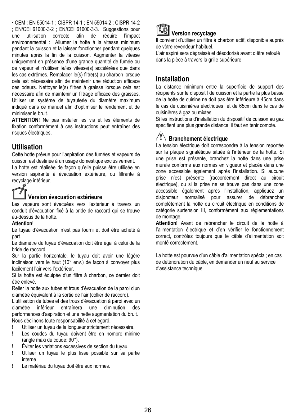 Utilisation, Installation | ELICA BELT User Manual | Page 26 / 132