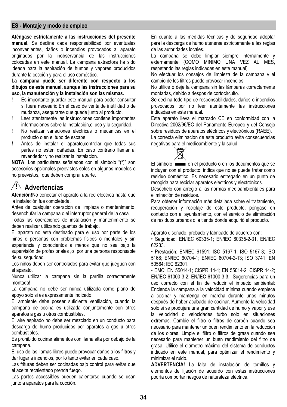 Advertencias | ELICA BELT User Manual | Page 34 / 132