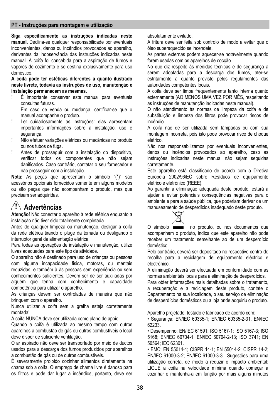 Advertências | ELICA BELT User Manual | Page 38 / 132