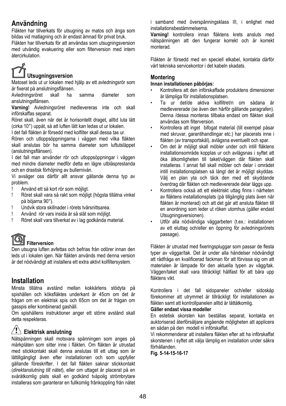 Användning, Installation | ELICA BELT User Manual | Page 48 / 132