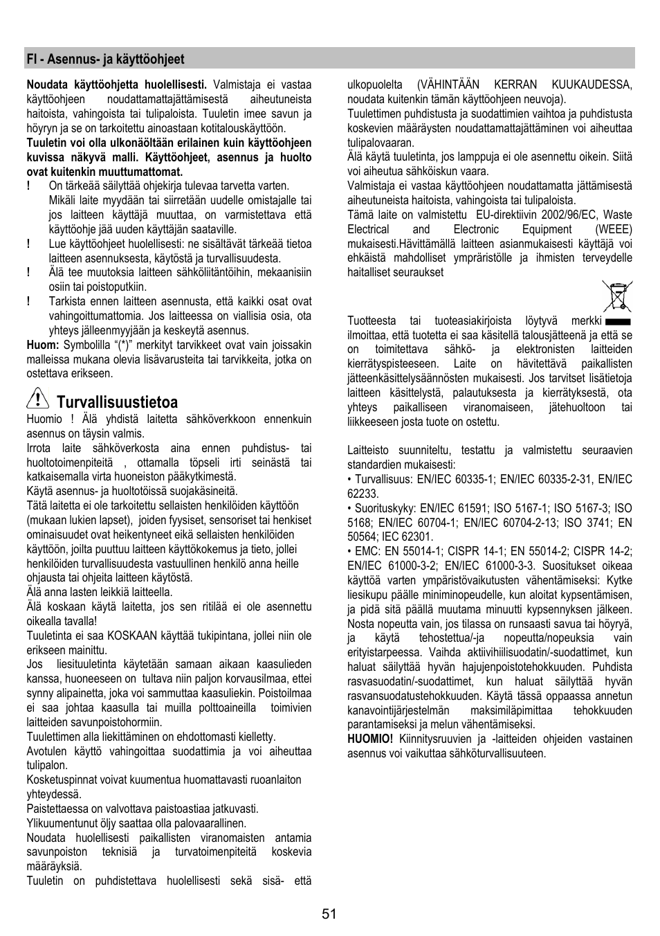 Turvallisuustietoa | ELICA BELT User Manual | Page 51 / 132