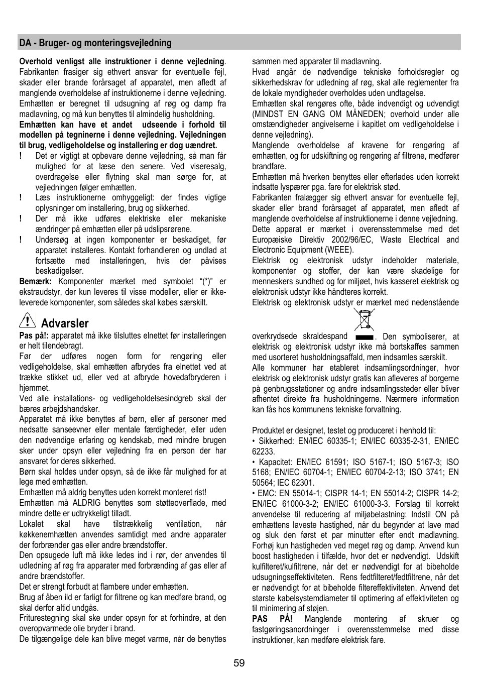 Advarsler | ELICA BELT User Manual | Page 59 / 132