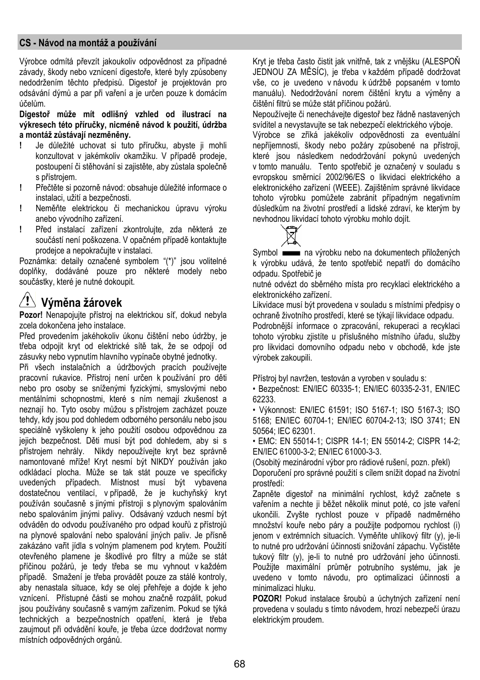 Výměna žárovek | ELICA BELT User Manual | Page 68 / 132