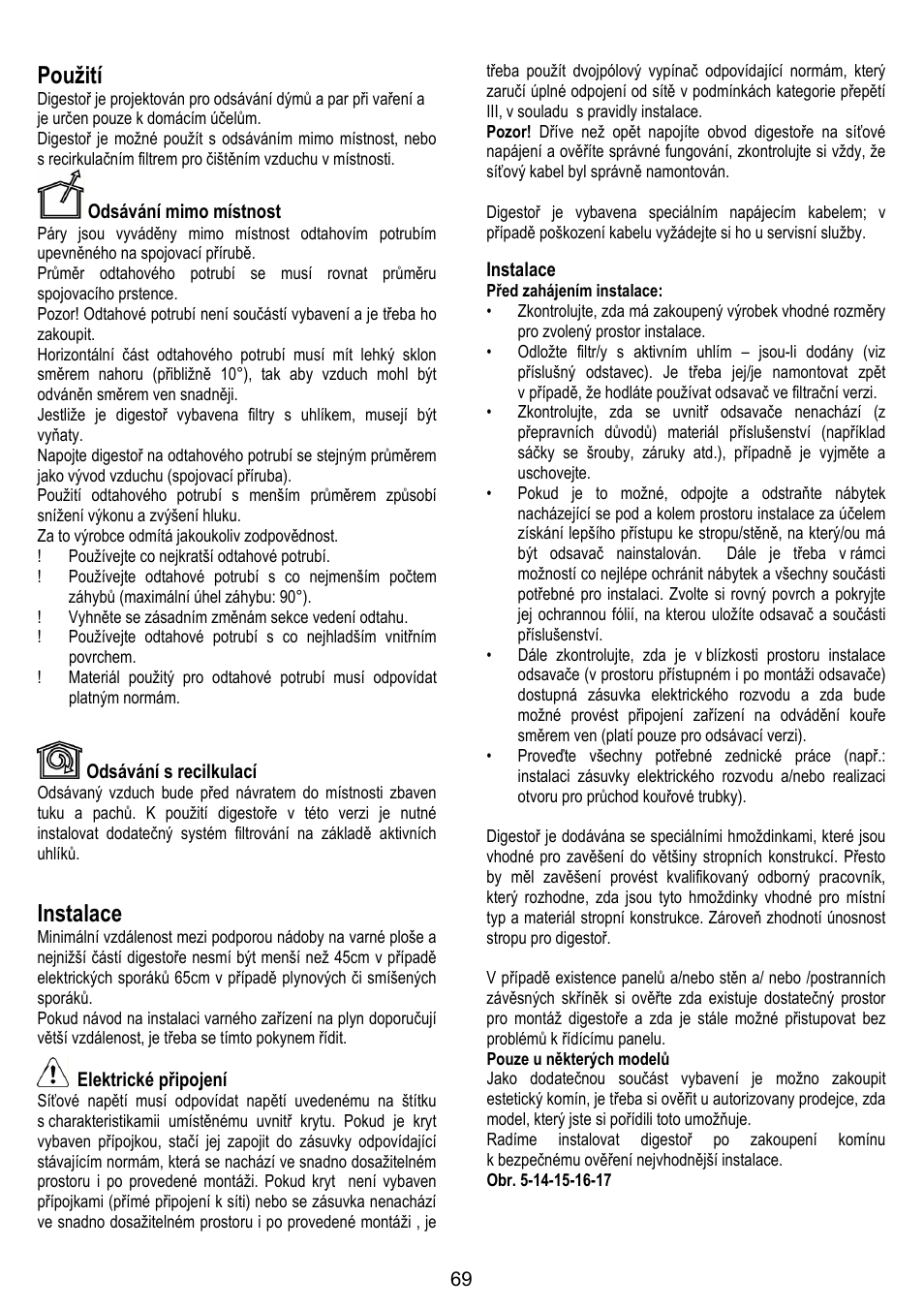 Použití, Instalace | ELICA BELT User Manual | Page 69 / 132