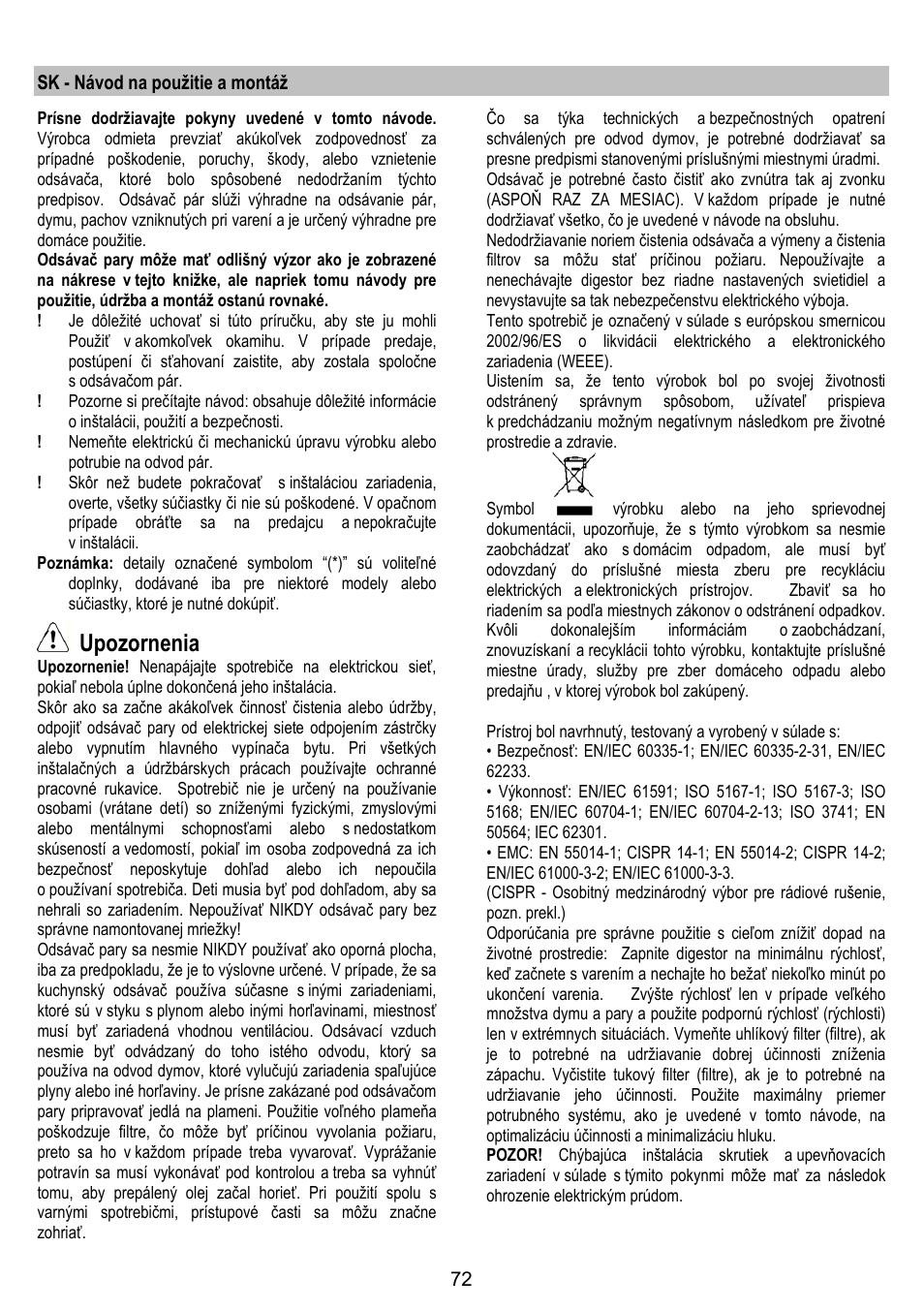 Upozornenia | ELICA BELT User Manual | Page 72 / 132