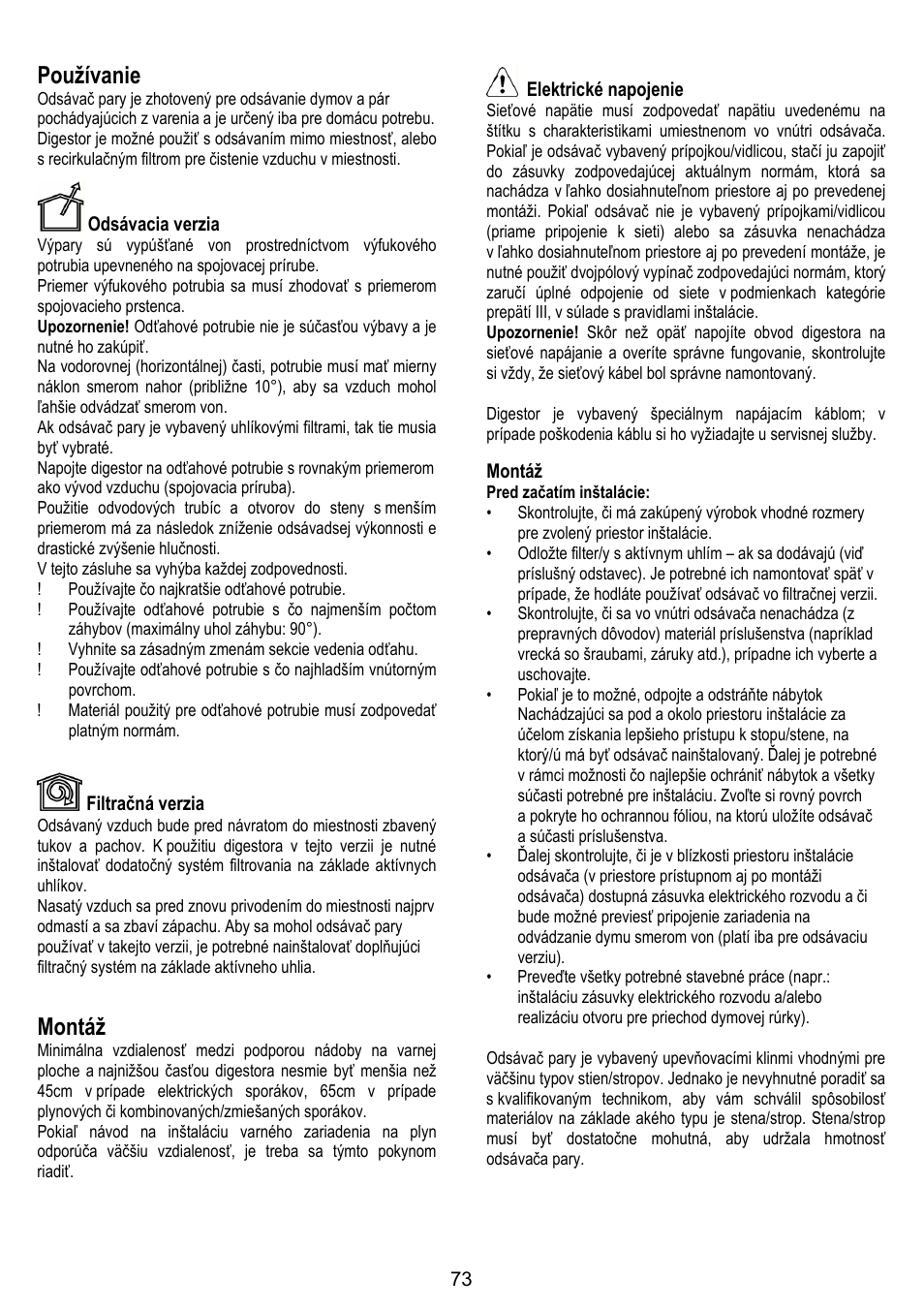 Používanie, Montáž | ELICA BELT User Manual | Page 73 / 132