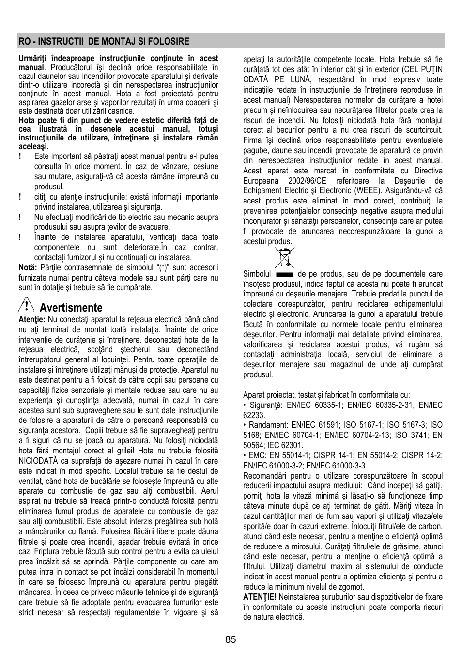 Avertismente | ELICA BELT User Manual | Page 85 / 132