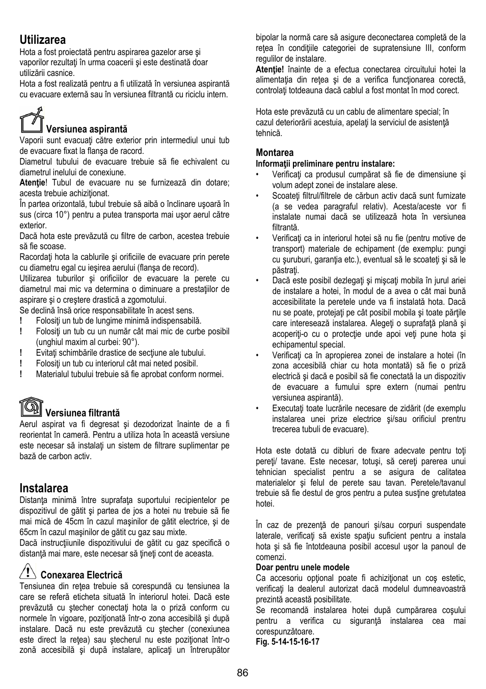 Utilizarea, Instalarea | ELICA BELT User Manual | Page 86 / 132