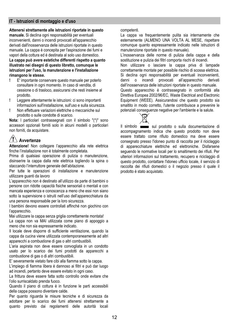 It - istruzioni di montaggio e d'uso, Avvertenze | ELICA BUBBLE User Manual | Page 12 / 100