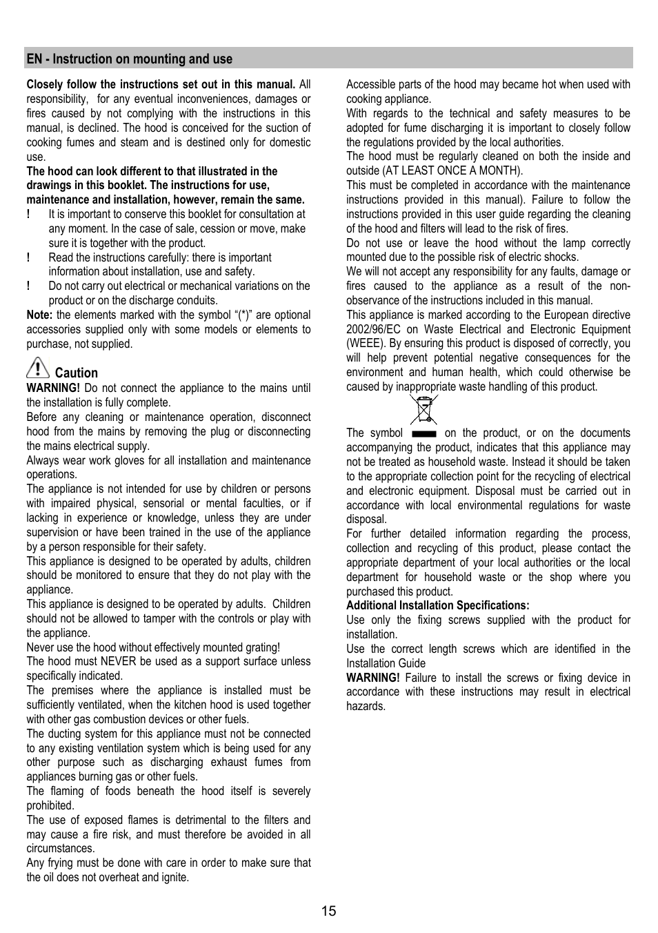 En - instruction on mounting and use, Caution | ELICA BUBBLE User Manual | Page 15 / 100