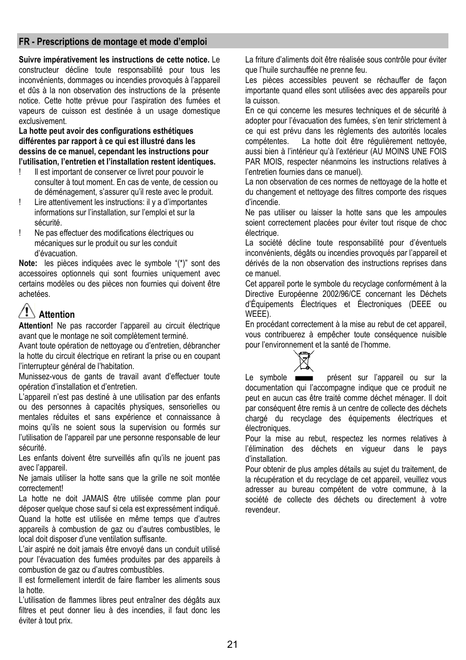 Fr - prescriptions de montage et mode d’emploi, Attention | ELICA BUBBLE User Manual | Page 21 / 100