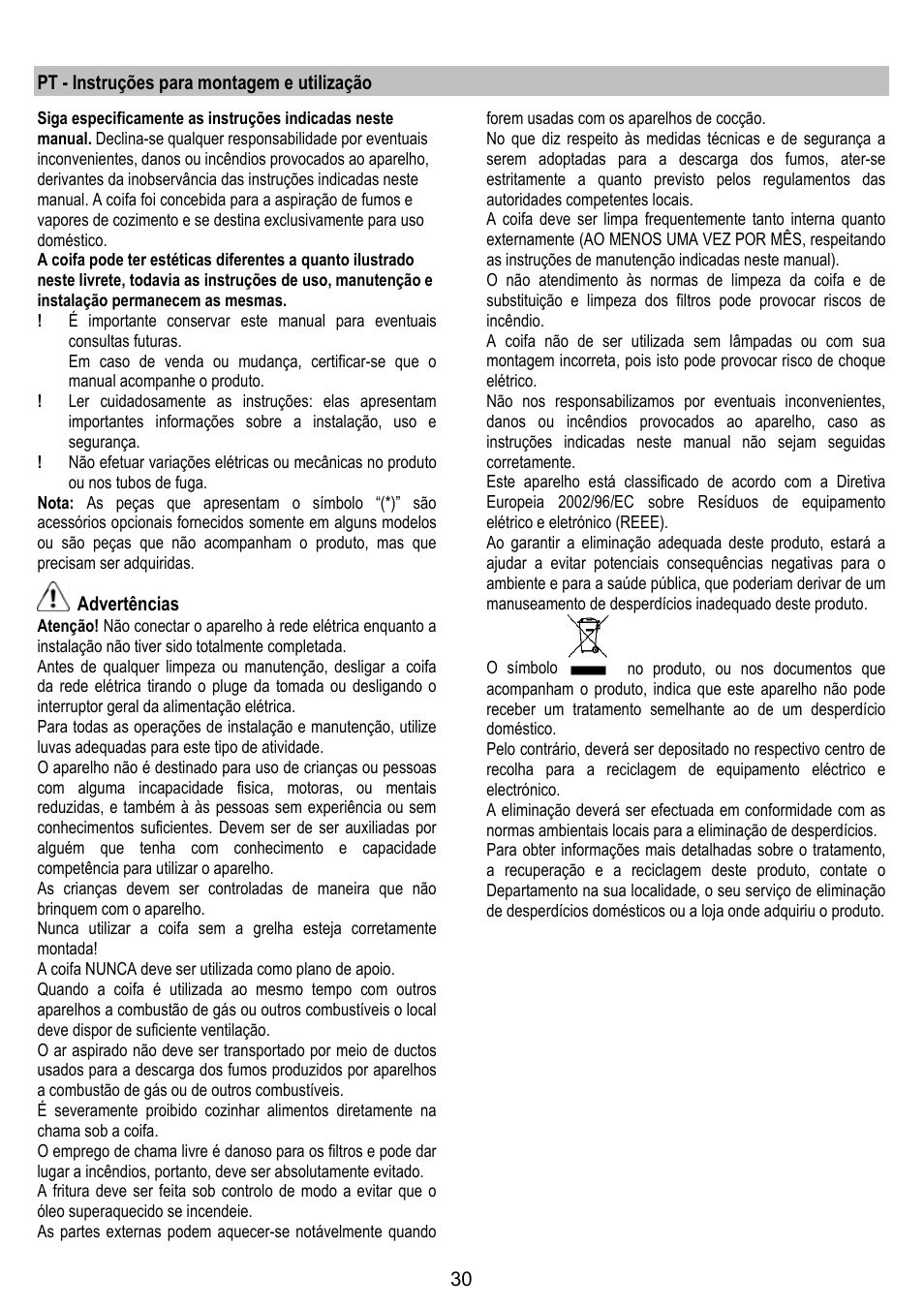 Pt - instruções para montagem e utilização, Advertências | ELICA BUBBLE User Manual | Page 30 / 100