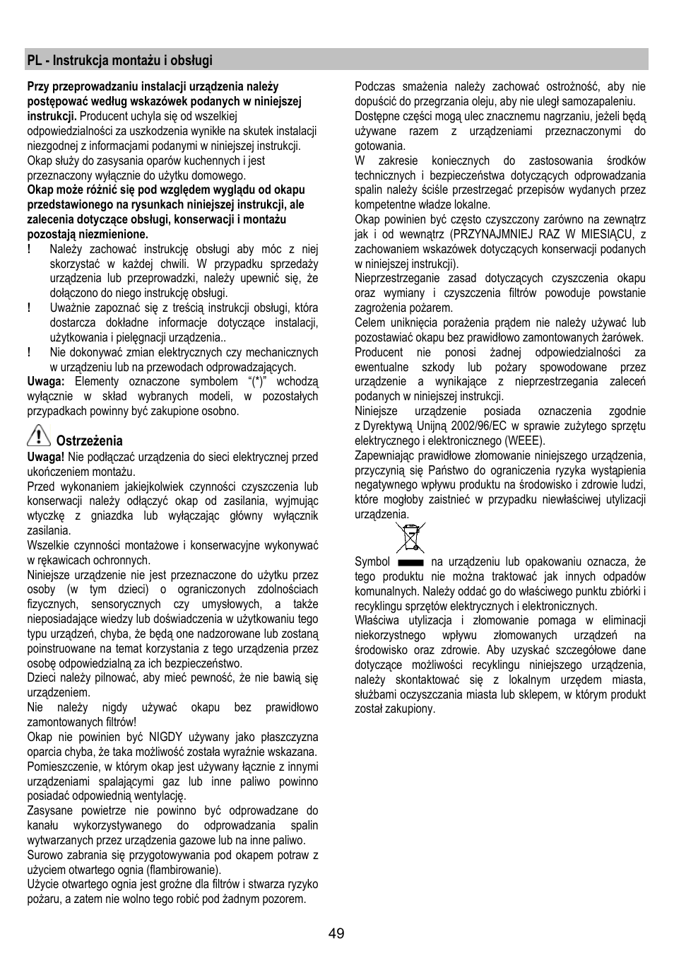 Pl - instrukcja montażu i obsługi, Ostrzeżenia | ELICA BUBBLE User Manual | Page 49 / 100