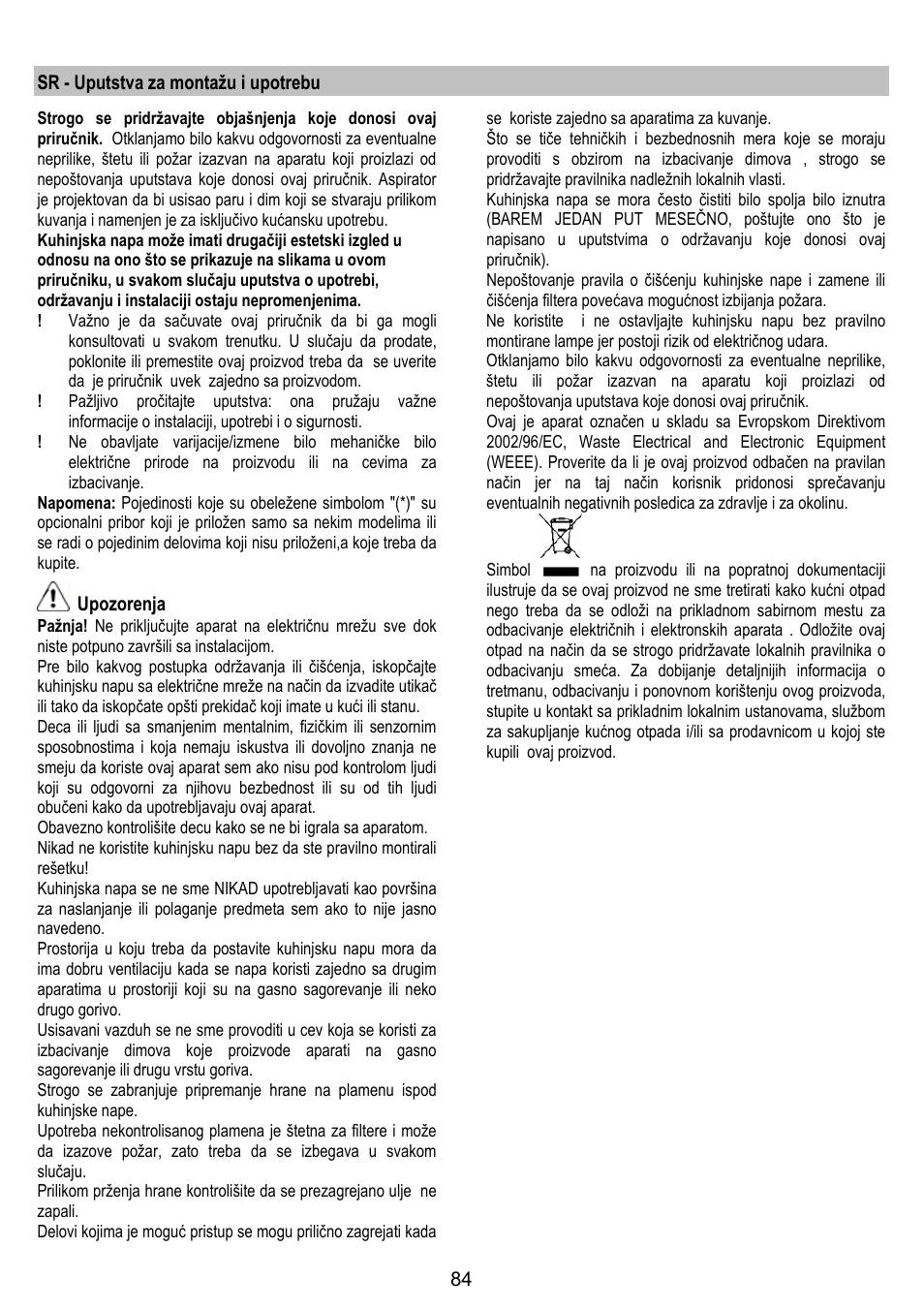 Sr - uputstva za montažu i upotrebu, Upozorenja | ELICA BUBBLE User Manual | Page 84 / 100