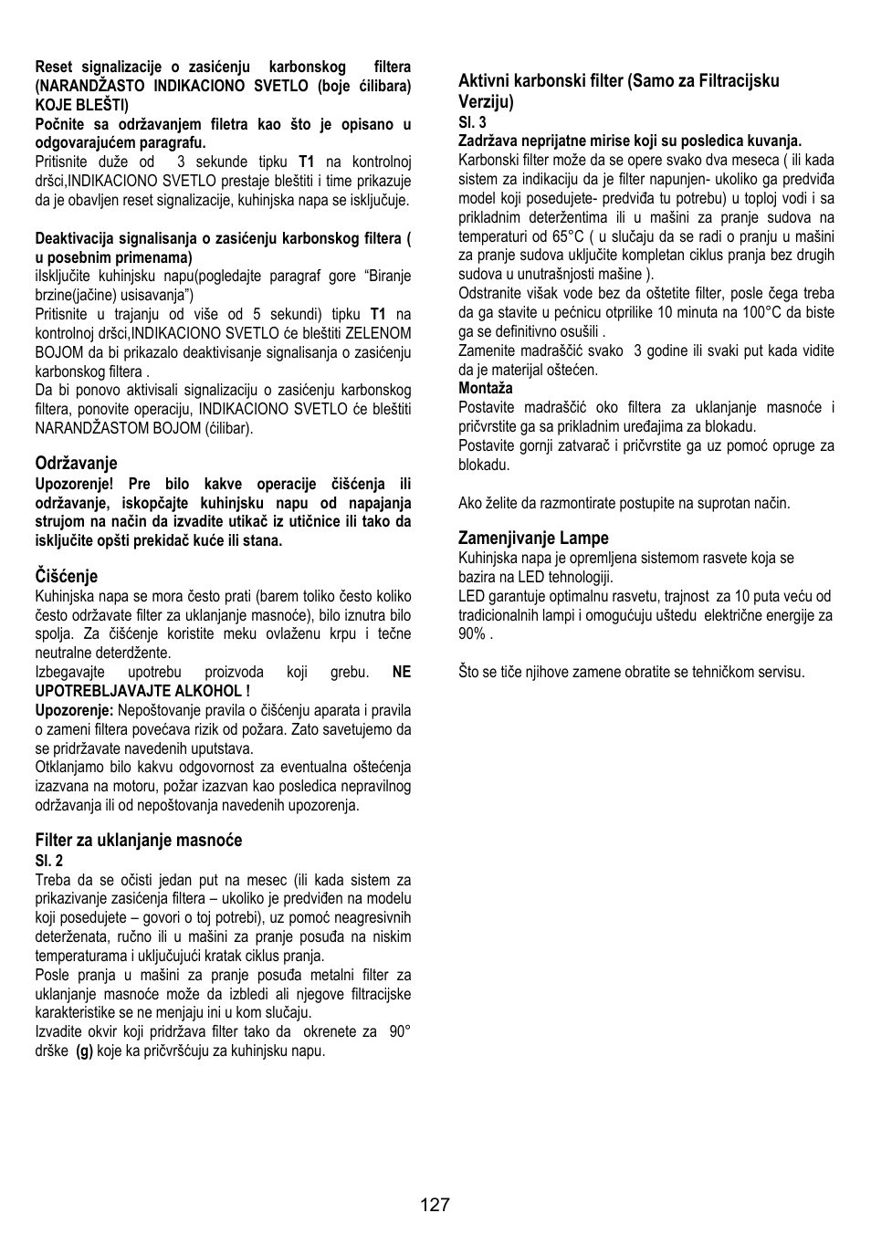 Održavanje, Čišćenje, Filter za uklanjanje masnoće | Zamenjivanje lampe | ELICA CHROME User Manual | Page 127 / 148
