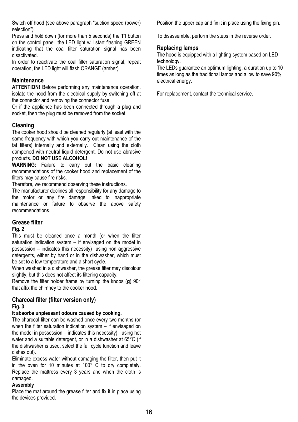 Maintenance, Cleaning, Grease filter | Charcoal filter (filter version only), Replacing lamps | ELICA CHROME User Manual | Page 16 / 148