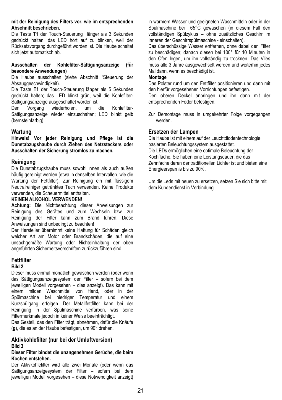 Wartung, Reinigung, Fettfilter | Aktivkohlefilter (nur bei der umluftversion), Ersetzen der lampen | ELICA CHROME User Manual | Page 21 / 148