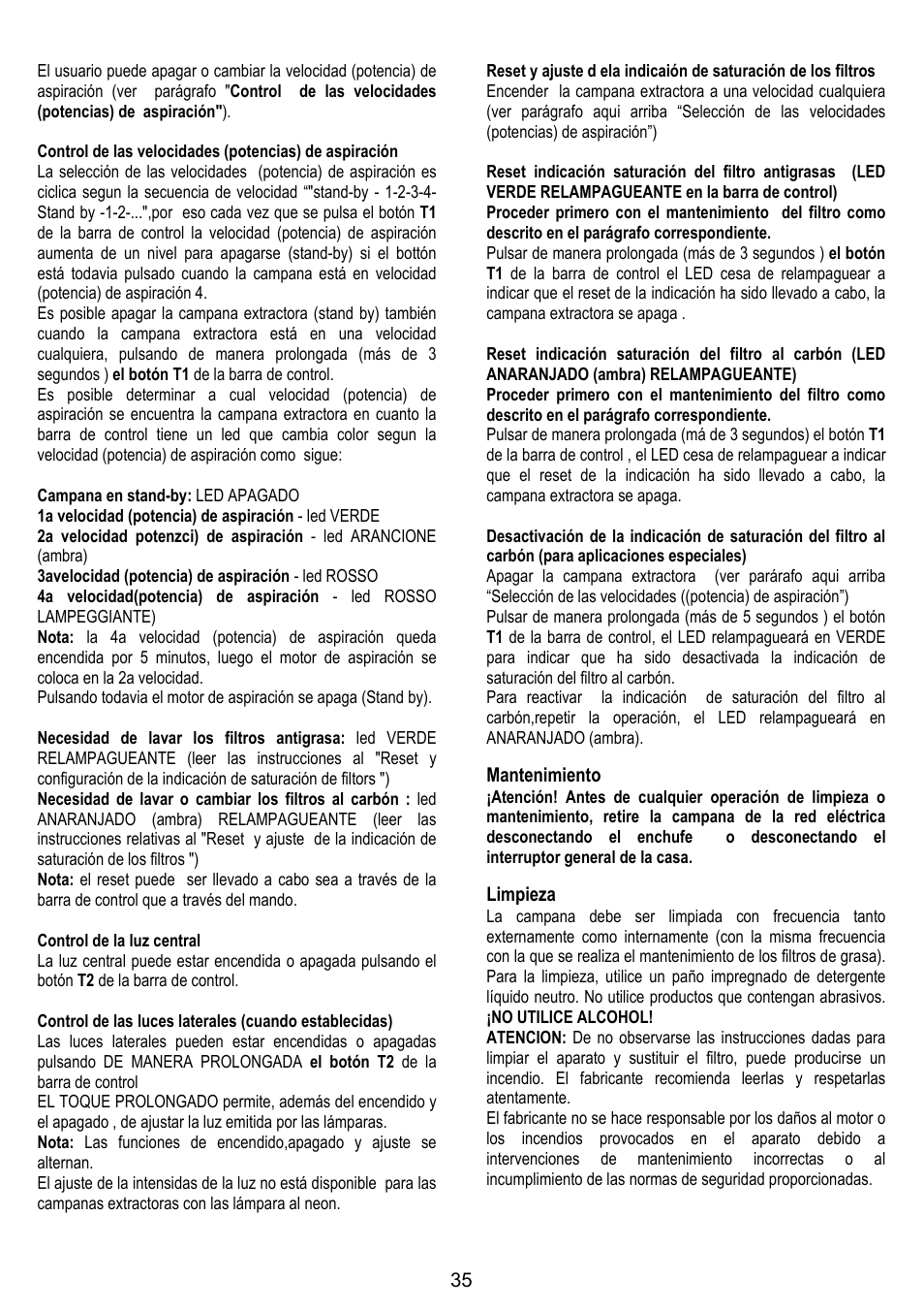 Mantenimiento, Limpieza | ELICA CHROME User Manual | Page 35 / 148