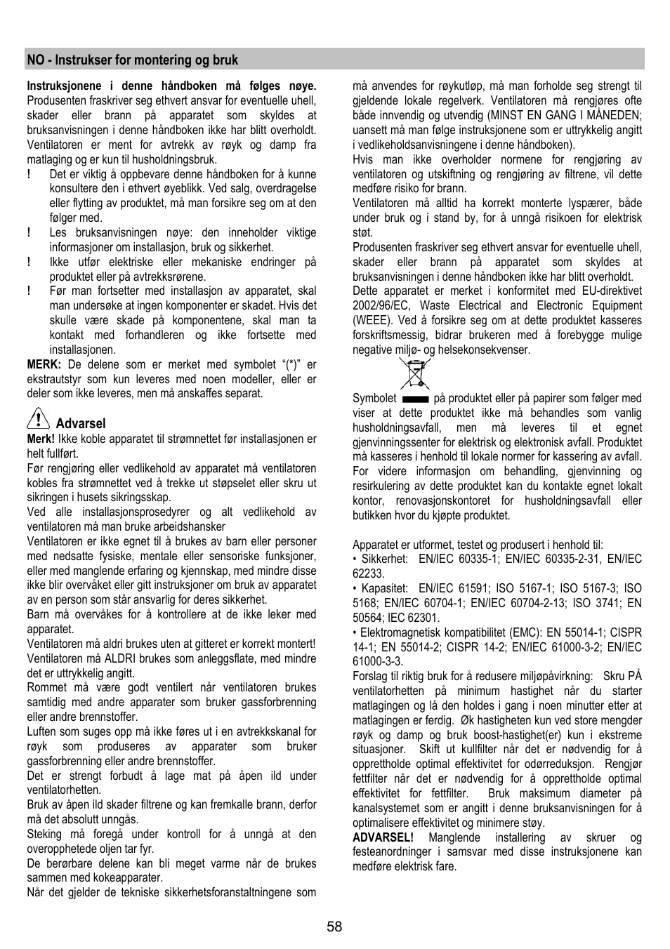 No - instrukser for montering og bruk, Advarsel | ELICA CHROME User Manual | Page 58 / 148