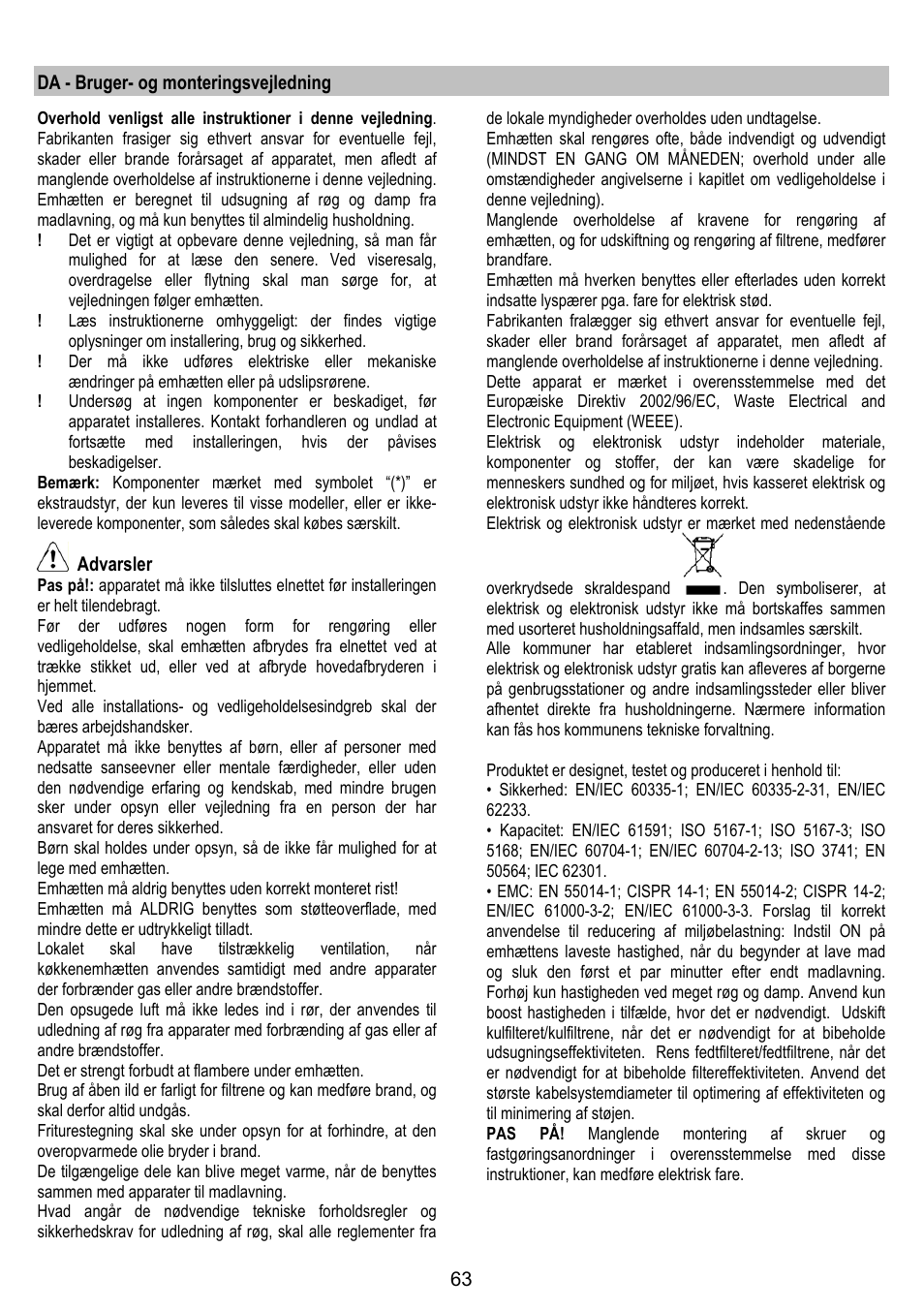 Da - bruger- og monteringsvejledning, Advarsler | ELICA CHROME User Manual | Page 63 / 148