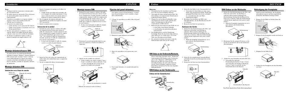 Einbau deutsch, Instalación español, Din einbau an der rückseite | Befestigung der frontplatte, Din einbau an der vorderseite/rückseite, Din einbau an der vorderseite, Montaje trasero din, Fijación del panel delantero, Montaje delantero/trasero din, Montaje delantero din | Pioneer DEH-P6900IB User Manual | Page 2 / 8