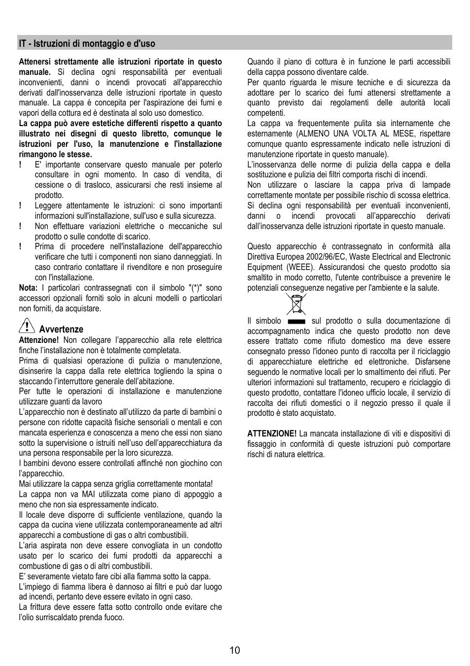 It - istruzioni di montaggio e d'uso, Avvertenze | ELICA CIRCUS PLUS User Manual | Page 10 / 144