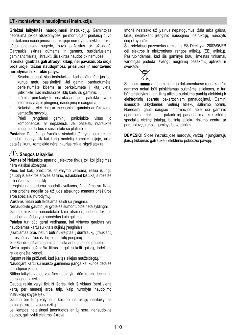 Lt - montavimo ir naudojimosi instrukcija, Saugos taisyklės | ELICA CIRCUS PLUS User Manual | Page 110 / 144