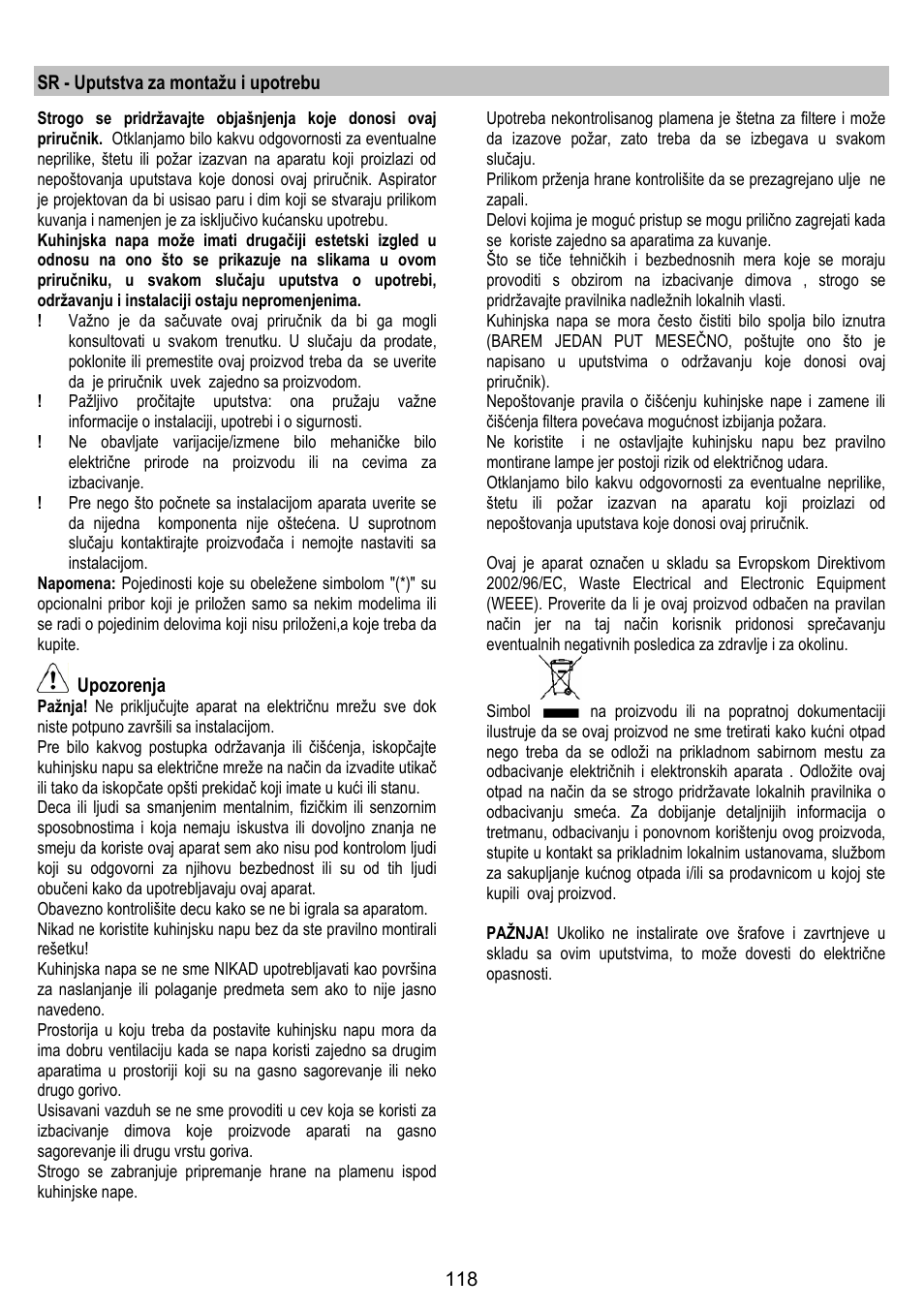 Sr - uputstva za montažu i upotrebu, Upozorenja | ELICA CIRCUS PLUS User Manual | Page 118 / 144