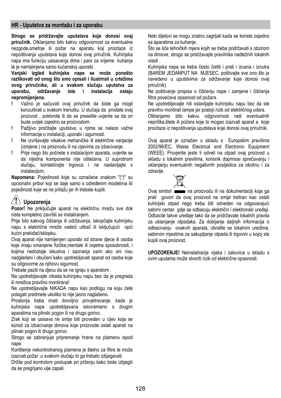 Hr - uputstva za montažu i za uporabu, Upozorenja | ELICA CIRCUS PLUS User Manual | Page 128 / 144