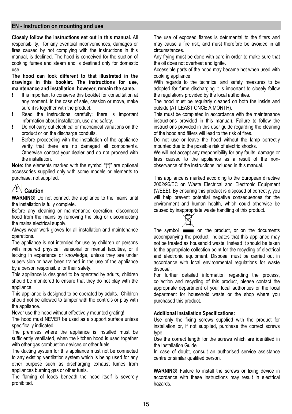 En - instruction on mounting and use, Caution | ELICA CIRCUS PLUS User Manual | Page 15 / 144