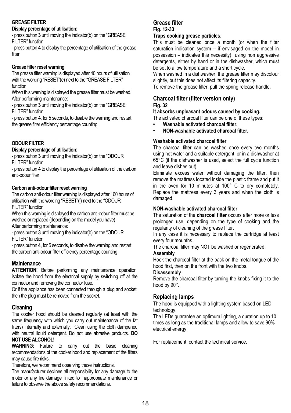 Maintenance, Cleaning, Grease filter | Charcoal filter (filter version only), Replacing lamps | ELICA CIRCUS PLUS User Manual | Page 18 / 144