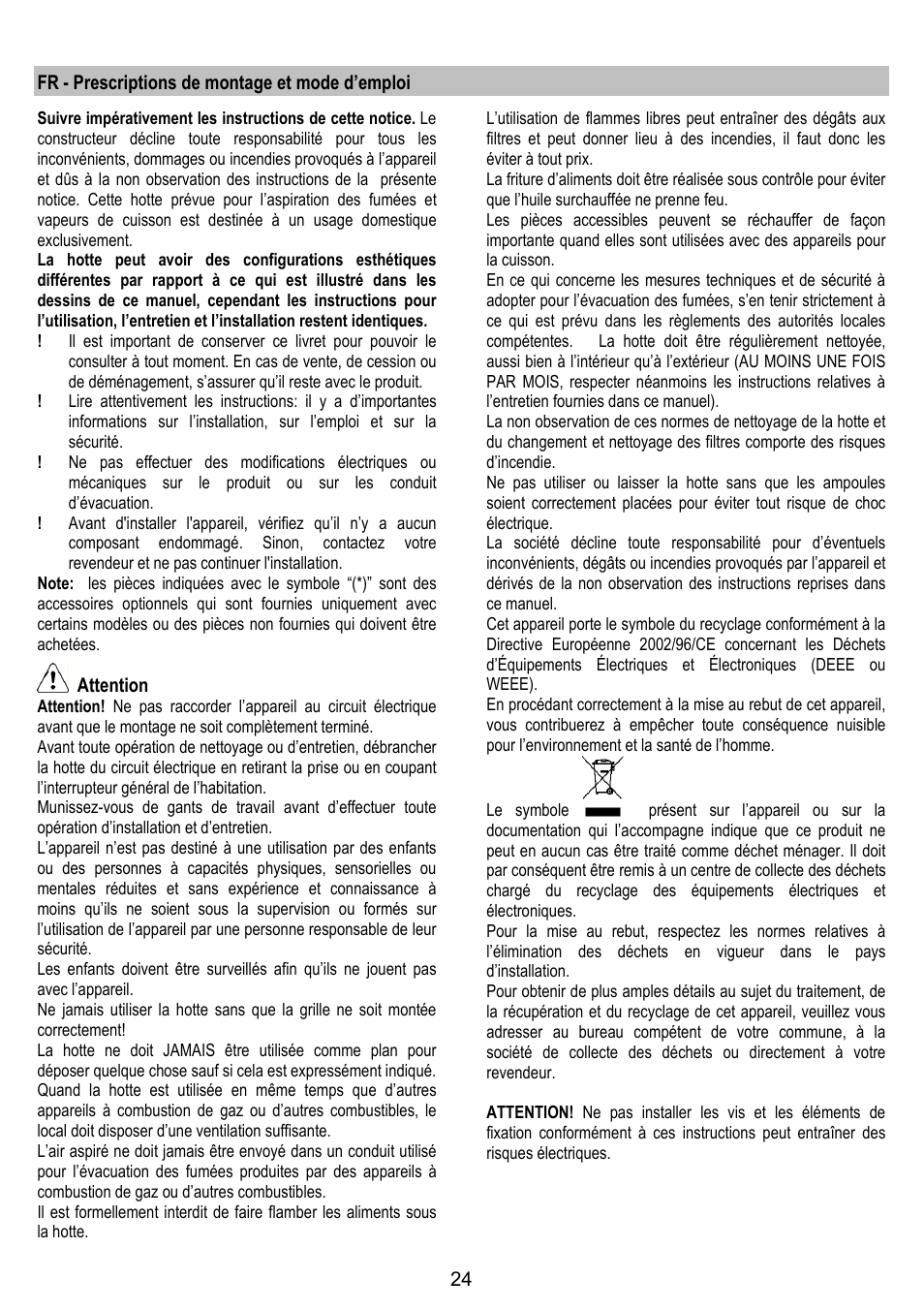 Fr - prescriptions de montage et mode d’emploi, Attention | ELICA CIRCUS PLUS User Manual | Page 24 / 144